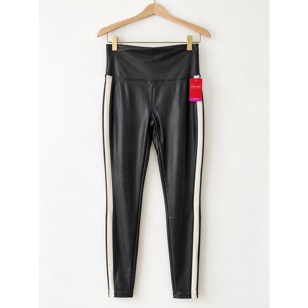 Spanx Faux Leather Leggings 3X NWT Tummy Control Black with Side Stripe 20187P